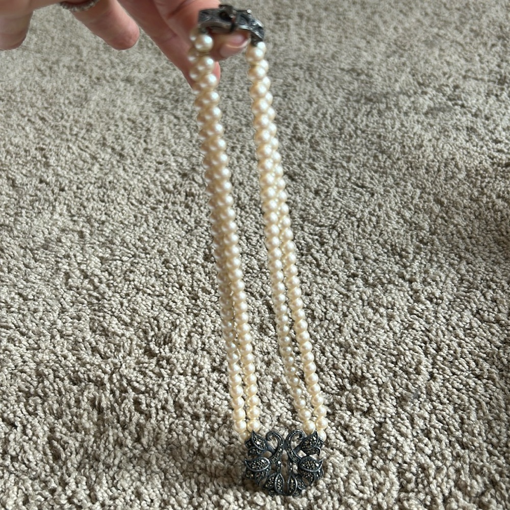 Judith Jack faux pearl, marcasite and sterling vintage sterling silver necklace